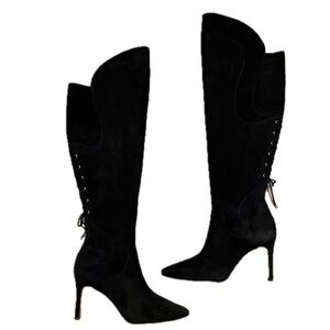 Adrienne Vittadini Over The Knee Black Suede Leather Boots 6 stiletto heel ties